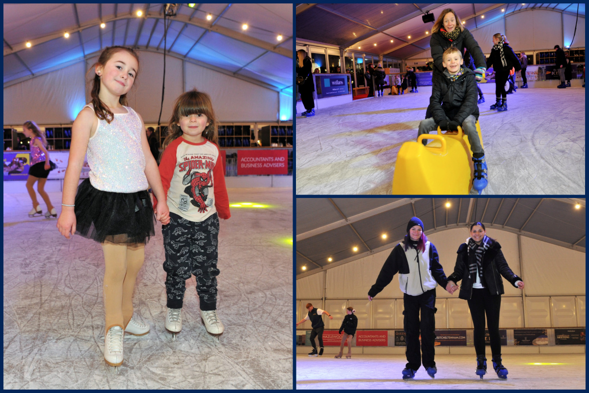 A collage of images of friends and family ice skating.